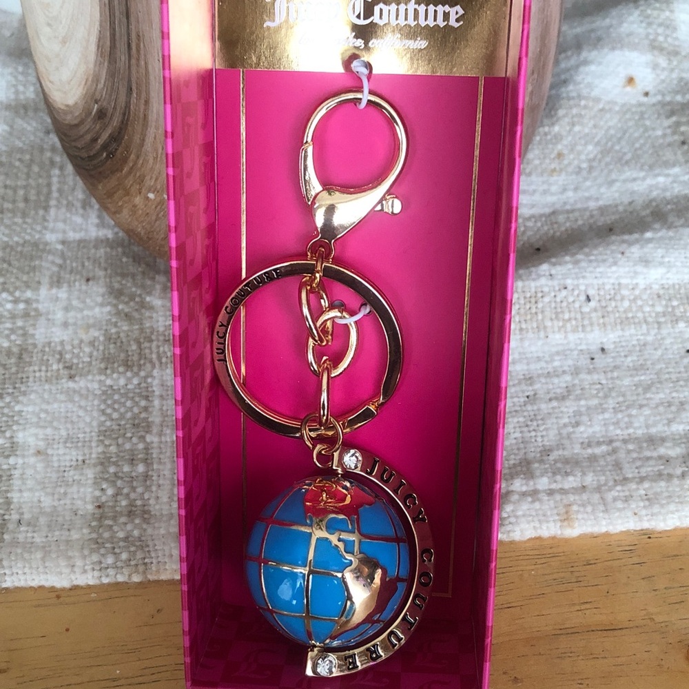 Juicy Couture Gold Tone & Blue Enamel  3D World Globe Bag Charm Globe Turns NIB